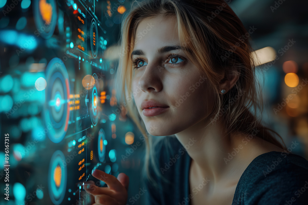 Businesswoman analyzing data on futuristic transparent touchscreen interface Businesswoman analyzing data on futuristic transparent touchscreen interface