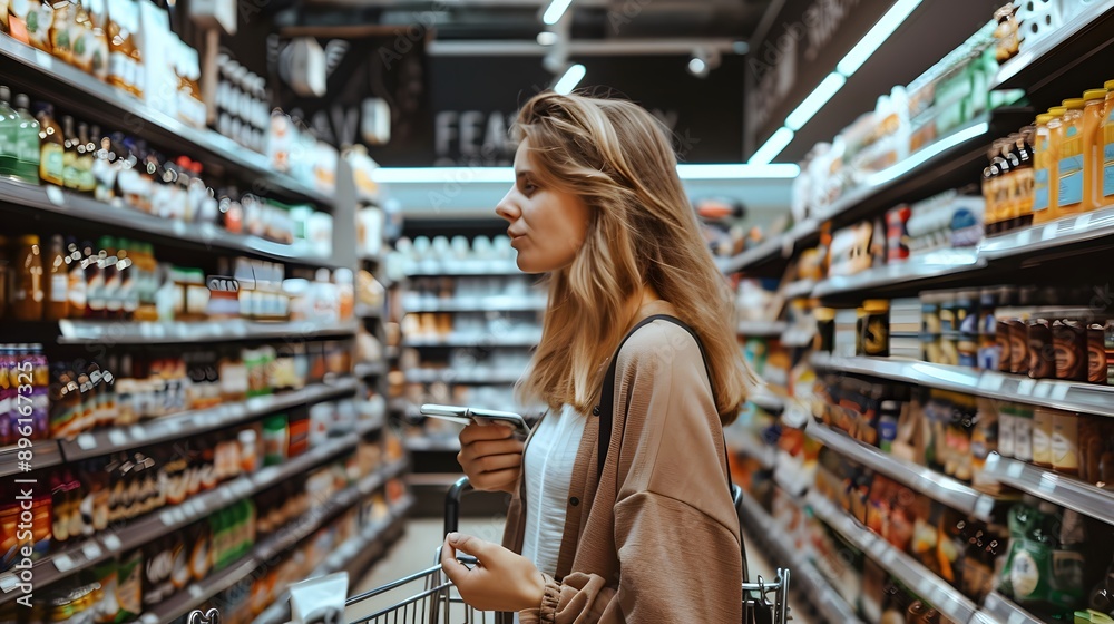 Candid in a Grocery Store: A woman shopping for groceries, pushing a cart and reading labels.
Candid in a Grocery Store: A woman shopping for groceries, pushing a cart and reading labels.