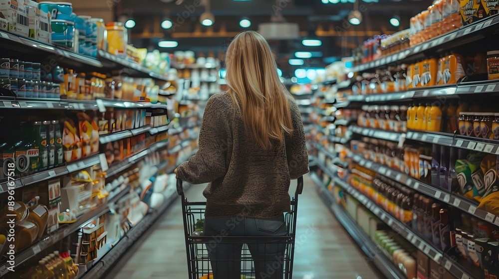 Candid in a Grocery Store: A woman shopping for groceries, pushing a cart and reading labels.
Candid in a Grocery Store: A woman shopping for groceries, pushing a cart and reading labels.