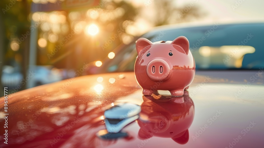 Obraz premium Piggy bank on car hood at sunset, reflecting financial goals in automobile purchase, Saving for a car