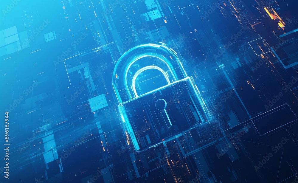 Abstract digital lock with glowing lines on dark blue background ...