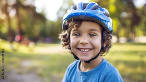 smiling preschool boy in blue bike helmet outdoor summer setting