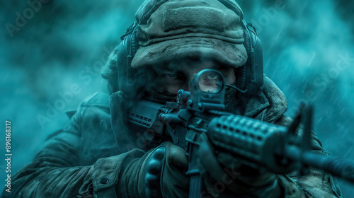 Soldier in full gear aiming a rifle, with intense focus, in a misty and cold environment. The image captures the tension and readiness of a military operation. © RISHAD