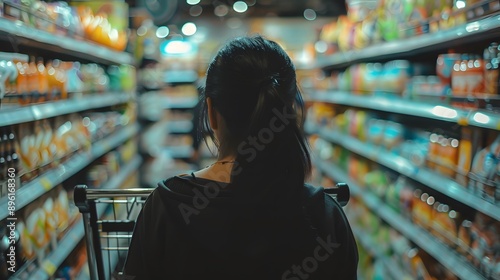 Candid in a Grocery Store: A woman shopping for groceries, pushing a cart and reading labels.
