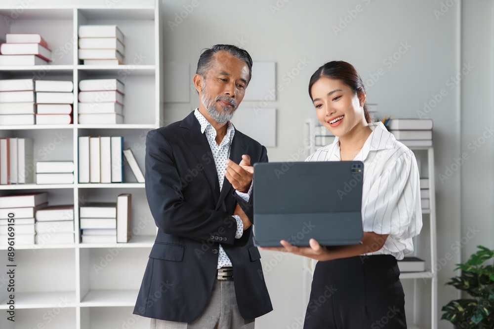 Business team working together on a project using a laptop in a modern office environment Business team working together on a project using a laptop in a modern office environment
