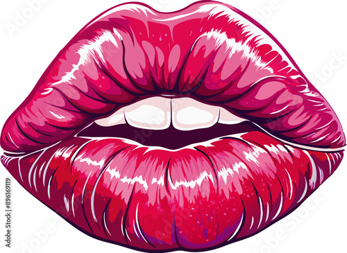 Red lips with shiny lipstick isolated sign. Fashion and beauty emblem with kissing mouth