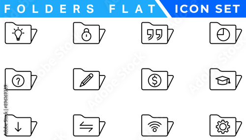 Folders flat line icons set. File catalog, document search, folder synchronization, local network vector illustrations. Outline minimal signs for web site