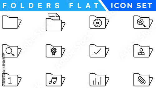 Folders flat line icons set. File catalog, document search, folder synchronization, local network vector illustrations. Outline minimal signs for web site