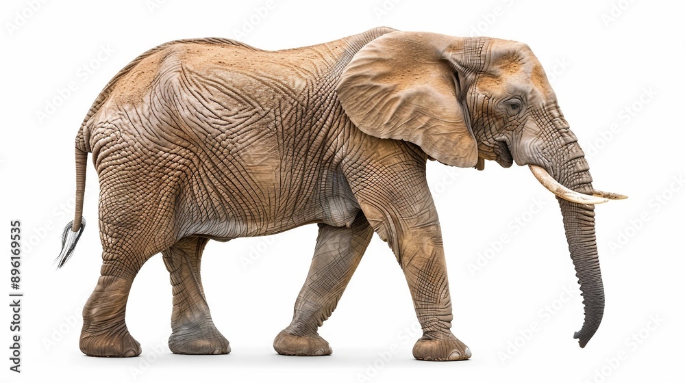 Fototapeta premium an elephant with tusks walking in front of a white background