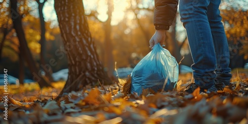 Eco-conscious Individual Participating in Community Clean-Up Near Tree, Shot with Canon 5D III