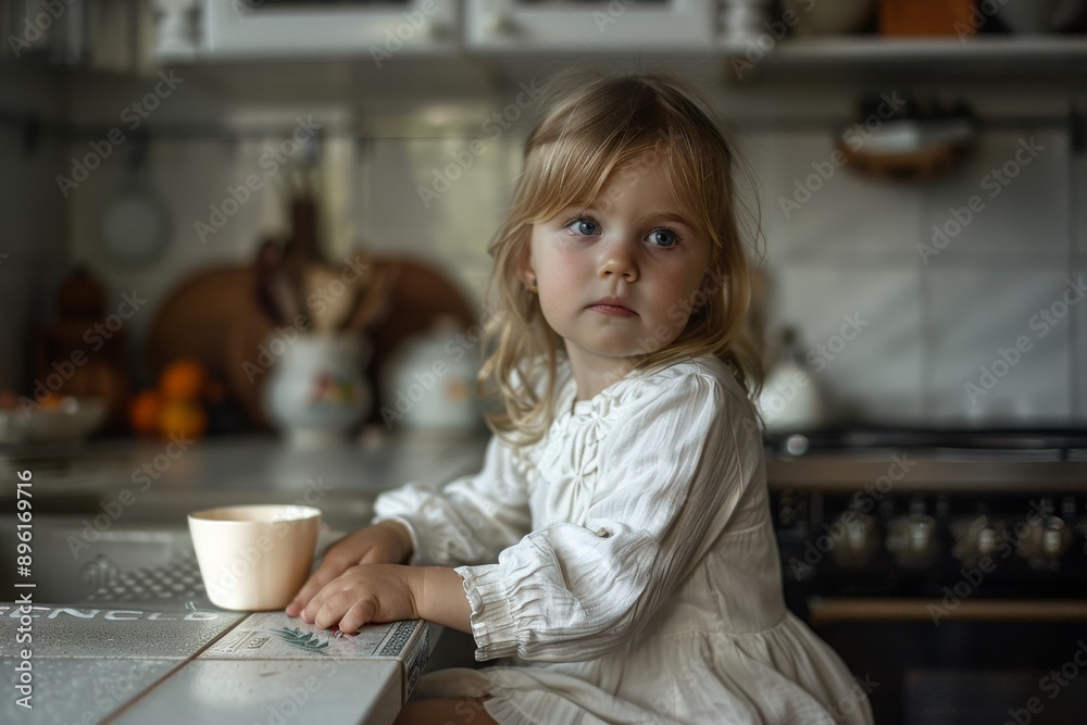 Cute little girl sitting in the kitchen and drinking tea or coffee Cute little girl sitting in the kitchen and drinking tea or coffee