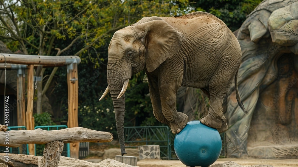 Fototapeta premium an elephant standing on top of a blue ball