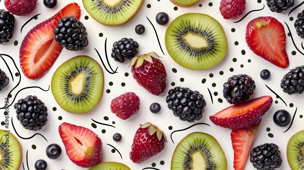 A whimsical pattern of mixed berries and kiwi slices, with abstract swirls and dots in the background, high-resolution photo, realistic photo, hyper realistic A whimsical pattern of mixed berries and kiwi slices, with abstract swirls and dots in the background, high-resolution photo, realistic photo, hyper realistic