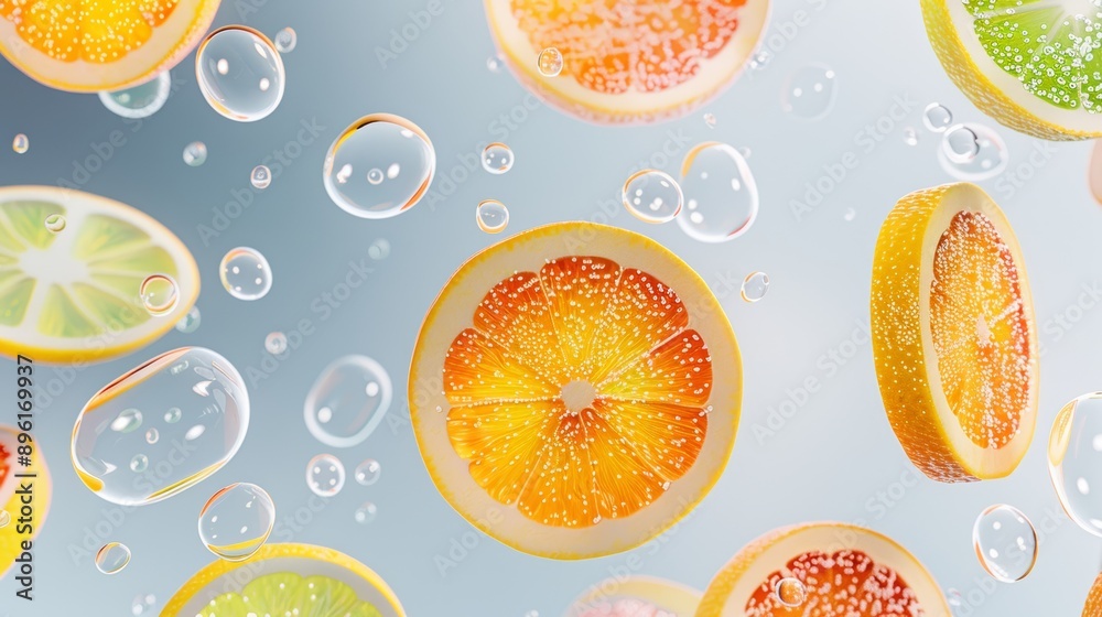 A whimsical pattern of floating citrus slices and bubbles, with a light and airy background, high-resolution photo, realistic photo, hyper realistic