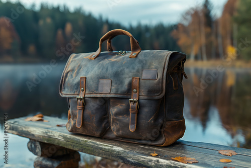 Leather bag sitting on a bench by a lake