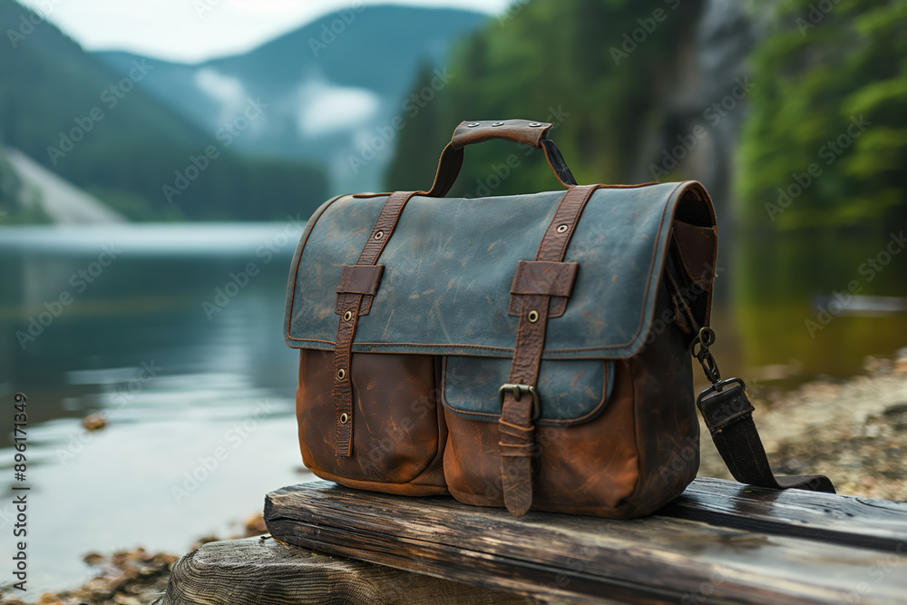 Leather messenger bag resting on wooden bench by lake Leather messenger bag resting on wooden bench by lake