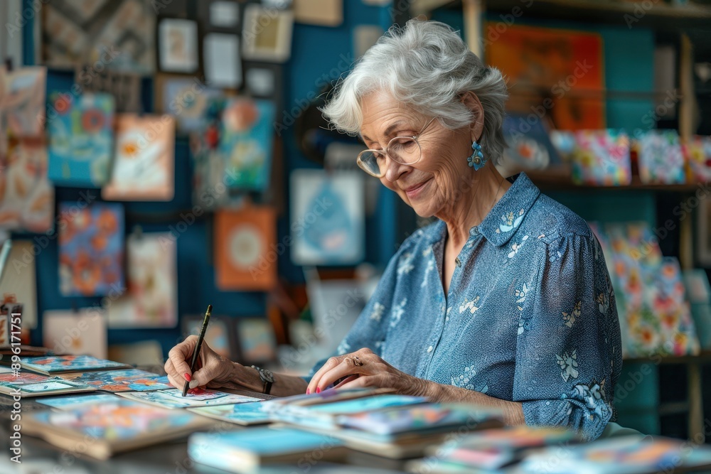 Fototapeta premium Creative Retirement: Profile of a Senior Woman Designing Handmade Cards as a Hobby