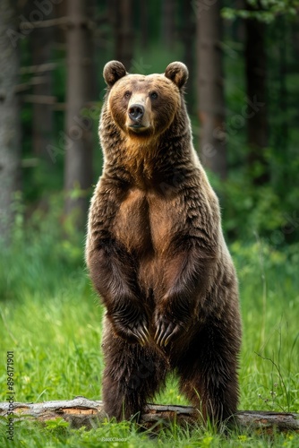 Brown Bear Standing Tall in a Forest