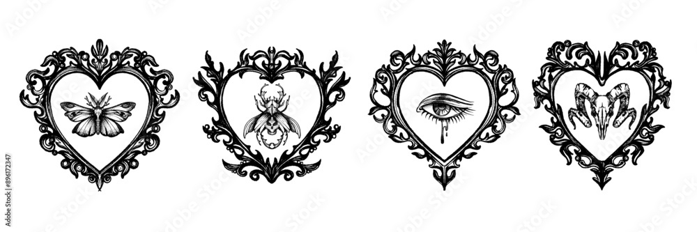 Gothic heart frame set, floral swirl, vector baroque border vintage classic dark antique ornament. Victorian love mystic tattoo, elegant magic decoration skull, butterfly. Halloween gothic frame kit Gothic heart frame set, floral swirl, vector baroque border vintage classic dark antique ornament. Victorian love mystic tattoo, elegant magic decoration skull, butterfly. Halloween gothic frame kit
