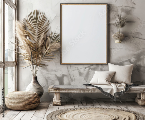 Mock up frame in home interior Industrial style background, room with table and decor, 3d render 