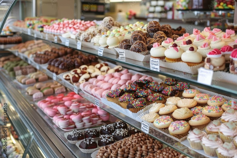 A delightful display of assorted pastries and desserts in a bakery showcase. A tempting array of cupcakes, cookies, and other sweet treats. A delightful display of assorted pastries and desserts in a bakery showcase. A tempting array of cupcakes, cookies, and other sweet treats.