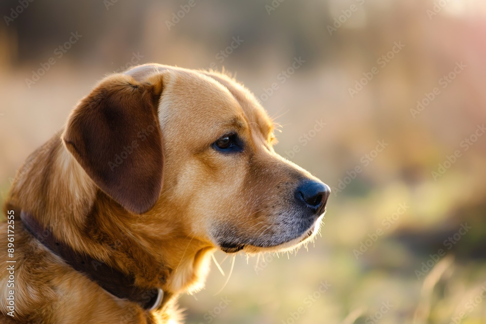 Close-up golden retriever looking away sunlit autumn field dog pet collar Close-up golden retriever looking away sunlit autumn field dog pet collar