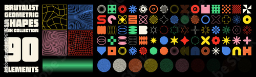 Brutalist geometric shapes, modern symbols. Groovy checkered pattern, distorted tiled grid. Simple elements, forms. Retro design, trendy contemporary minimalist style, y2k. Vector illustration