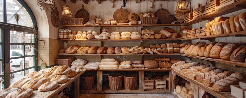 Cozy bakery shop with a variety of fresh bread loaves displayed on wooden shelves, creating a warm and inviting atmosphere. Cozy bakery shop with a variety of fresh bread loaves displayed on wooden shelves, creating a warm and inviting atmosphere.