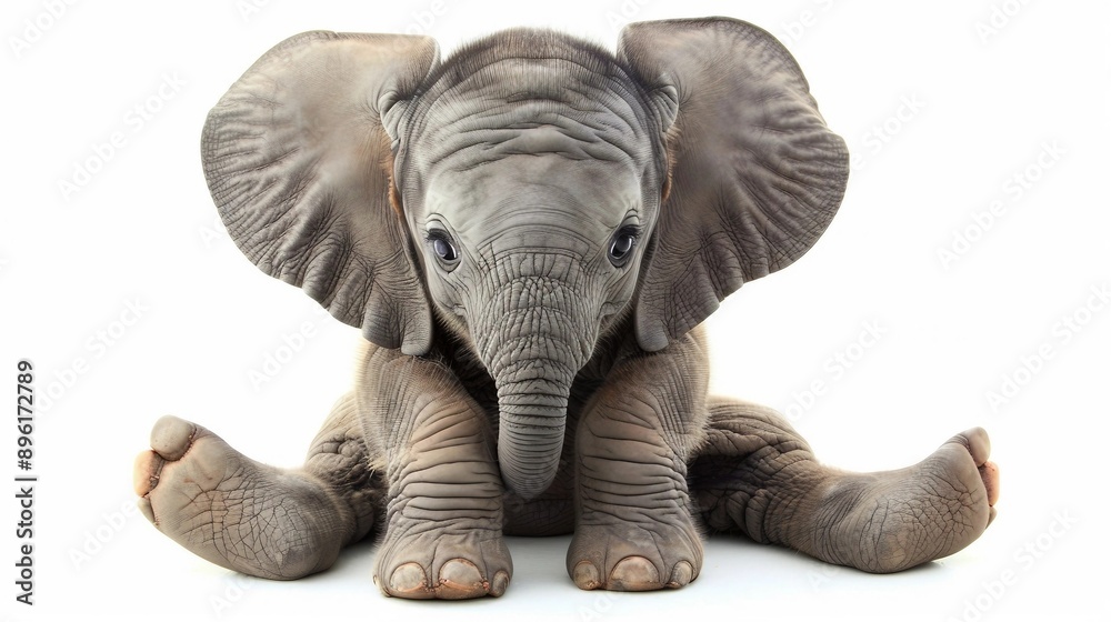 Fototapeta premium a baby elephant sitting on the ground with it's trunk up