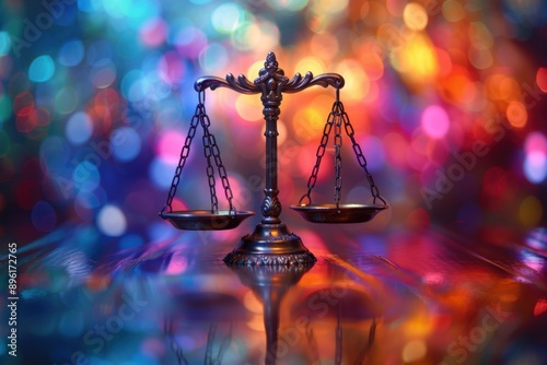 Scale of justice on a table with a colorful background photo