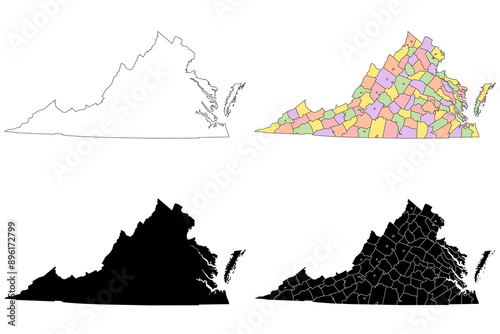 Virginia administrative map, Virginia outline and counties state map set - illustration version