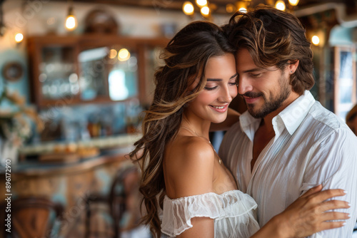 A happy couple embraces warmly in a brightly lit cafe, enjoying a heartwarming moment of connection and love amidst an atmosphere filled with light and joy.