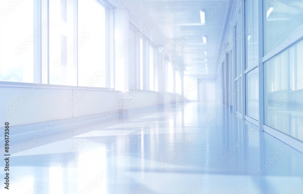 Blurred Background of Modern Hospital Interior with White Corridor and Windows for Copy Space or Product Display in Presentation Blurred Background of Modern Hospital Interior with White Corridor and Windows for Copy Space or Product Display in Presentation