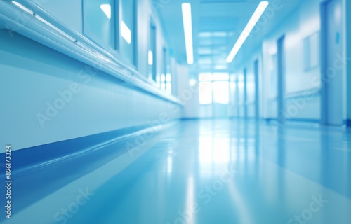 Blurred Background of Modern Hospital Interior with White Corridor and Windows for Copy Space or Product Display in Presentation