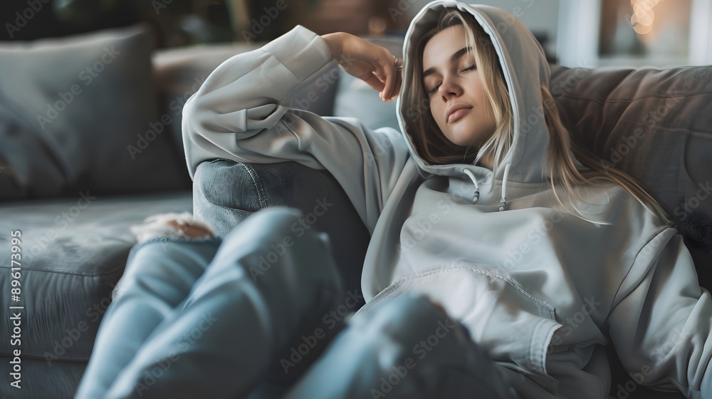 Woman in Oversized Hoodie: A relaxed woman lounging on a sofa, wearing an oversized men's hoodie and casual jeans.
Woman in Oversized Hoodie: A relaxed woman lounging on a sofa, wearing an oversized men's hoodie and casual jeans.