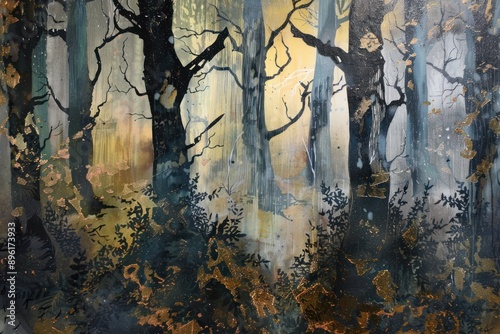 Artistic depiction of an enchanted forest with dark trees and golden accents creating a mystical and magical atmosphere photo