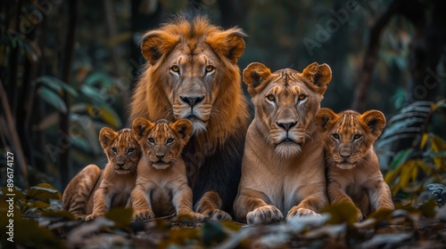 In a forest, a lion family with a male, lioness, and two cubs are together. Cubs lean on parents while the male lion eyes the camera photo