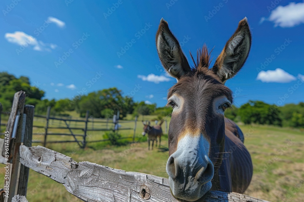 The donkey is standing behind a wooden fence in a sunny, open field with a clear blue sky and a few clouds The donkey is standing behind a wooden fence in a sunny, open field with a clear blue sky and a few clouds