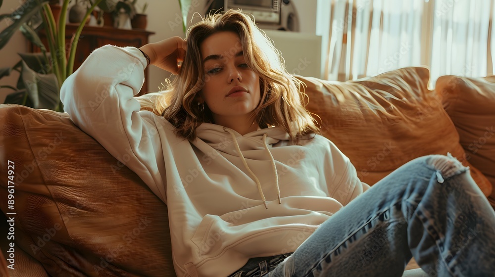 Woman in Oversized Hoodie: A relaxed woman lounging on a sofa, wearing an oversized men's hoodie and casual jeans.
