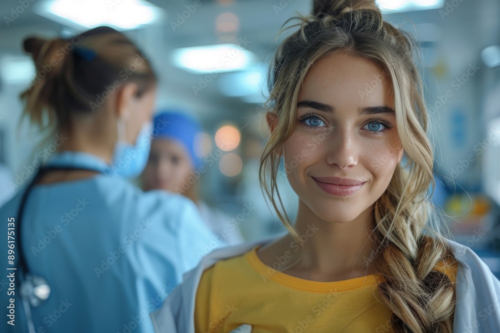 A woman in medical attire, smiles warmly in a clinical setting, representing healthcare, compassion, and professionalism, with medical personnel working in the background. A woman in medical attire, smiles warmly in a clinical setting, representing healthcare, compassion, and professionalism, with medical personnel working in the background.