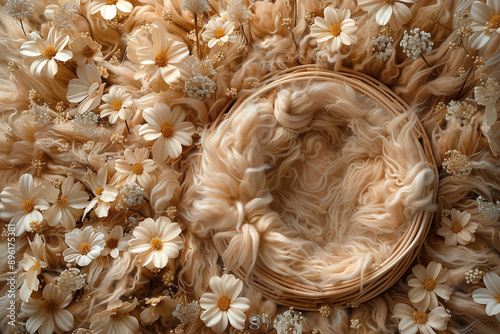 Digital background for newborn photos with empty fluffy round Moses' bed.