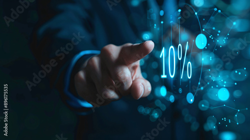 Businessman in suit points to 10%. Virtual digit. Savings or discount