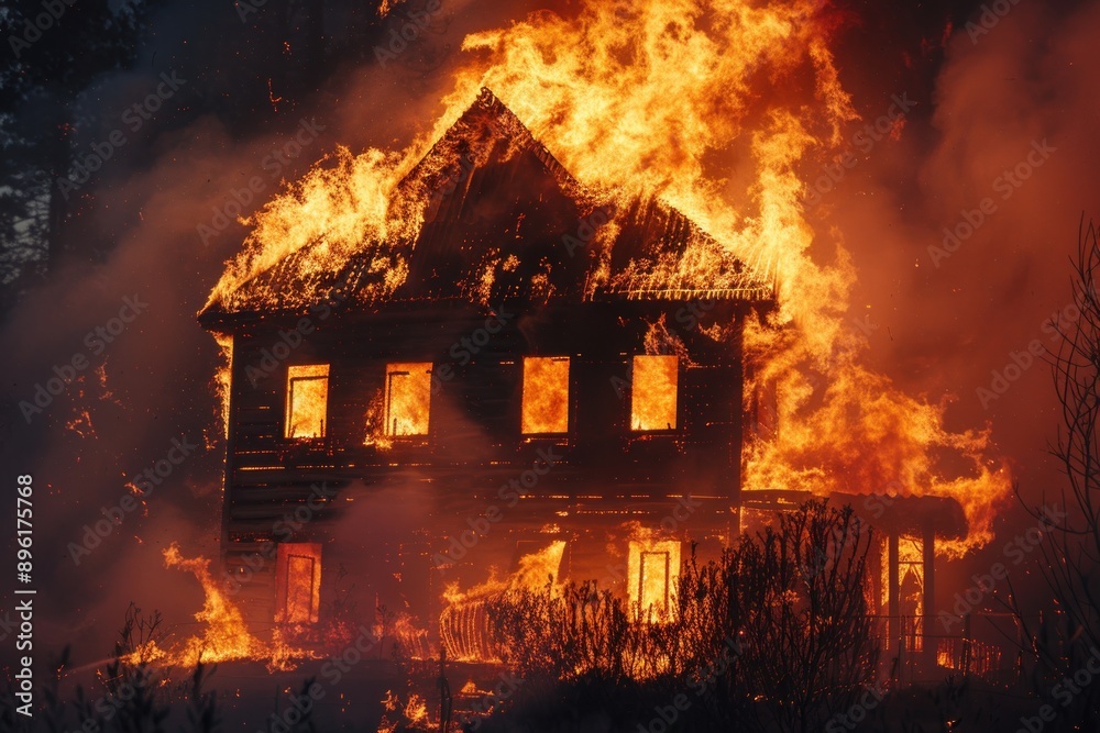 A wooden house stands ablaze, Suburbs house on fire. Flames, like voracious serpents, leap from windows