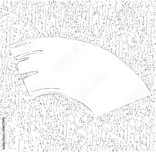 Frame in the form of a trace from a car wiper on the windscreen covered with draining raindrops. Drawing in black and white linear style. Vector illustration.