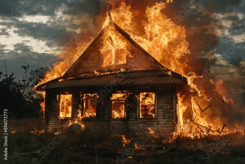 A wooden house stands ablaze, Suburbs house on fire. Flames, like voracious serpents, leap from windows