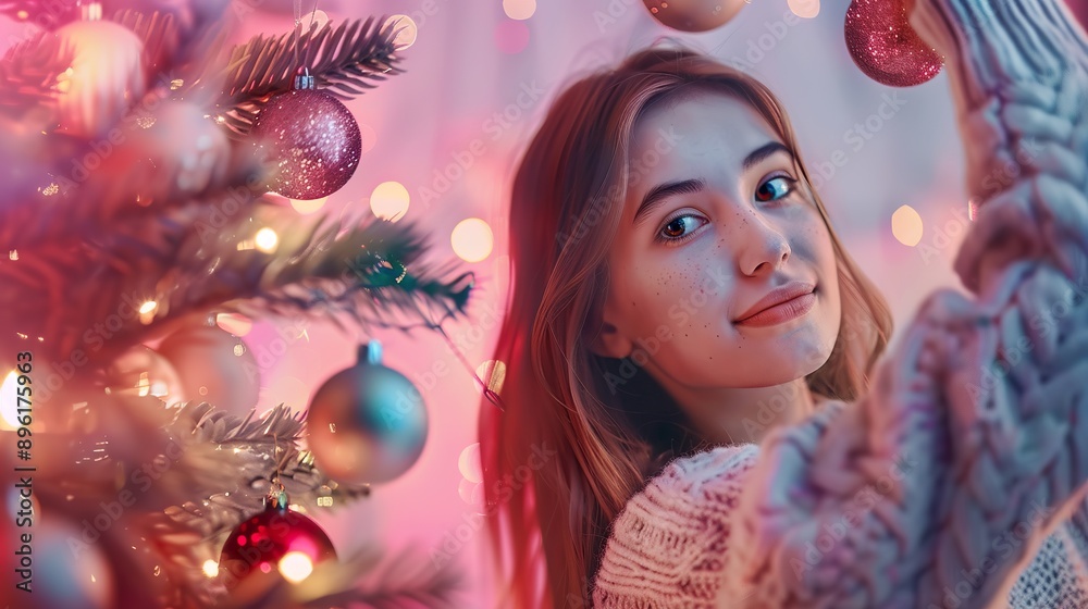 A cute girl in a cozy sweater is hanging colorful baubles on a Christmas tree, her face glowing with holiday cheer. A cute girl in a cozy sweater is hanging colorful baubles on a Christmas tree, her face glowing with holiday cheer.