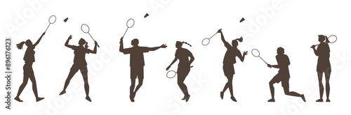 Set of black silhouettes of badminton players in action.