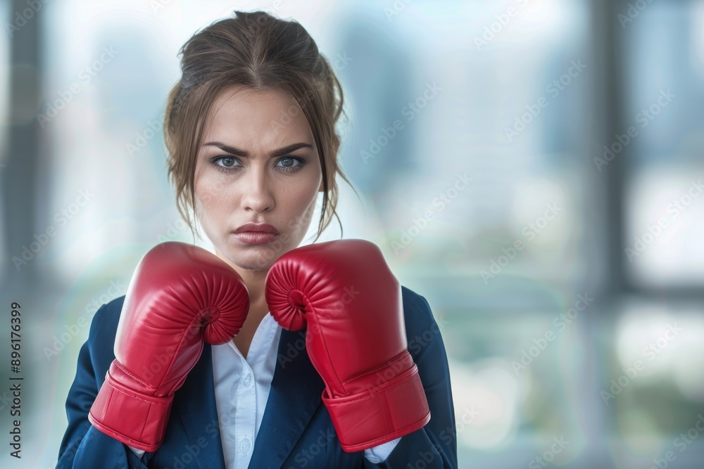 angry and aggressive business woman with boxing gloves in bright modern office blurred background angry and aggressive business woman with boxing gloves in bright modern office blurred background