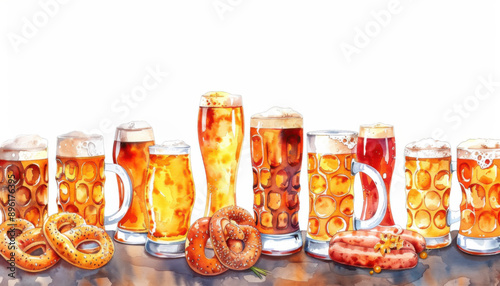 Beer glasses with tasty sausage and pretzel on white background. Beer fest background. Watercolor illustration.
