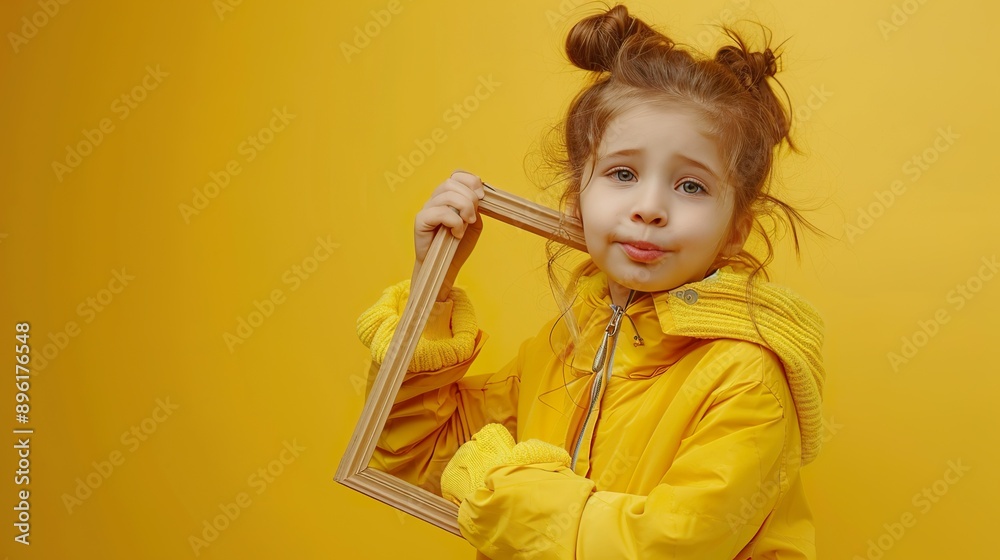 A cute girl in a yellow outfit is holding an empty frame and looking through it with a thoughtful expression, as if imagining a scene. A cute girl in a yellow outfit is holding an empty frame and looking through it with a thoughtful expression, as if imagining a scene.